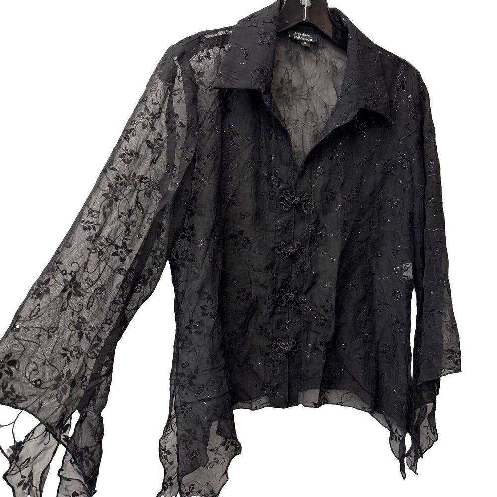 EUC Dressbarn Collection Black See Thru Glitter Hook & Loop Blouse Size Small